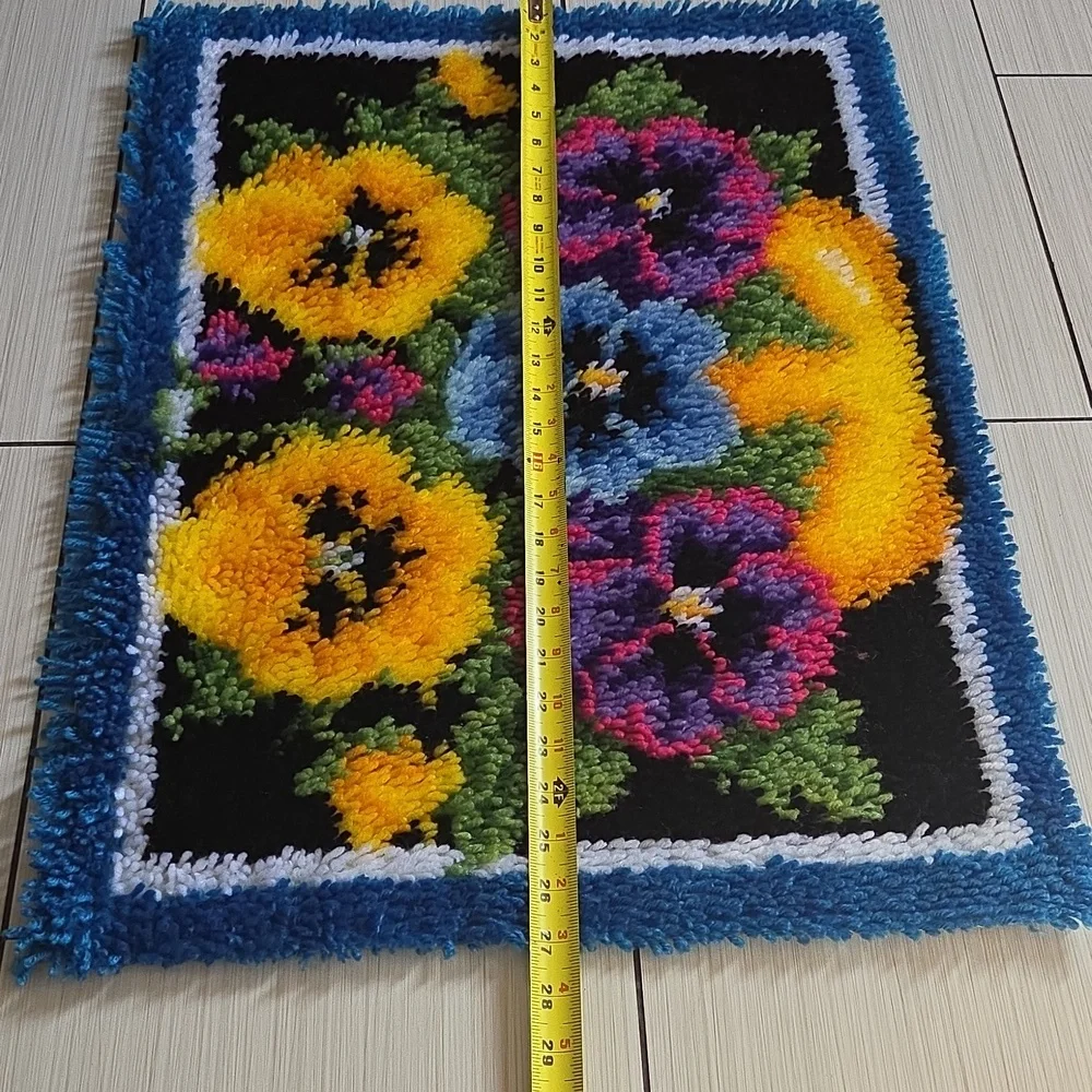 Completed Caron Wonderart Pot of Pansies Rug